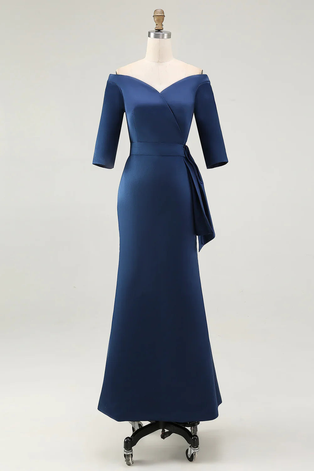 Elegant Navy Blue Satin Mermaid Short Sleeve Floor-Length Mother of the Bride Dress