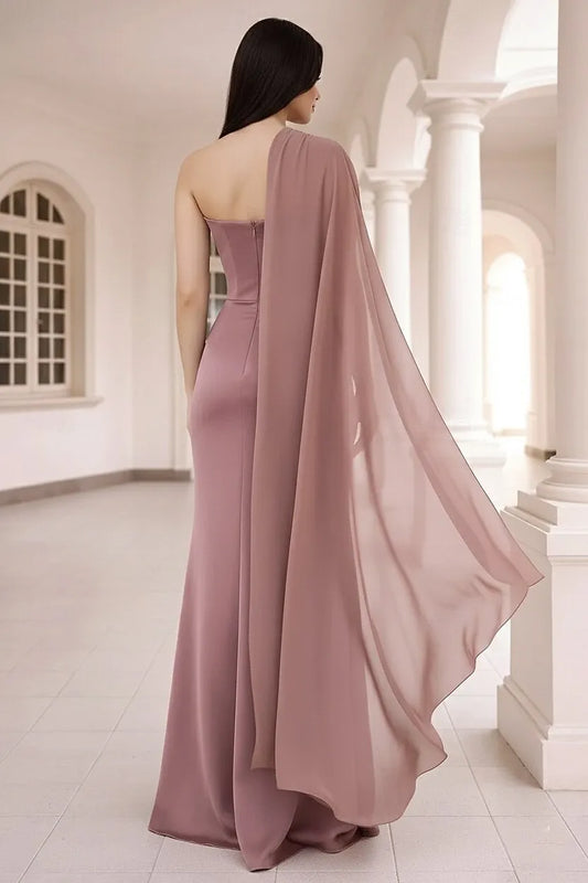 Elegant Red Mermaid One-Shoulder Classic-Sleeve Classic-Back Floor-Length Prom Dress