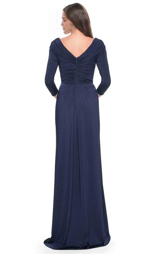 Elegant Navy-Blue Ruffled A-Line V-Neck Long-Sleeve Classic-Back Floor-Length Evening Dress