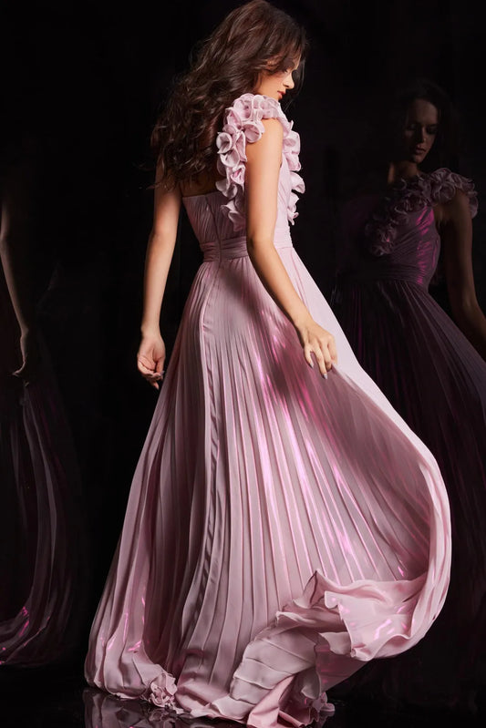 Elegant Pink Applique A-Line One-Shoulder Classic-Sleeve Classic-Back Floor-Length Prom Dress