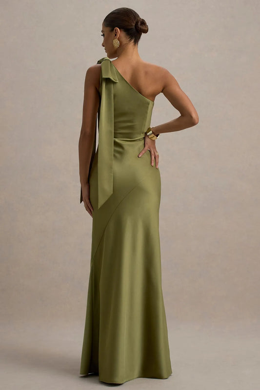 Luxurious Green A-Line One-Shoulder Classic-Sleeve Classic-Back Floor-Length Prom Dress