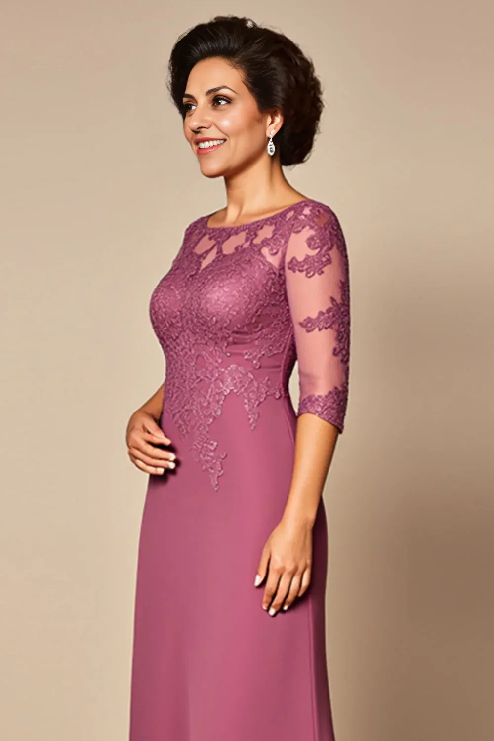 Elegant Dusty Rose Lace Sheath Illusion Short Sleeve Floor-Length Mother of the Bride Dress