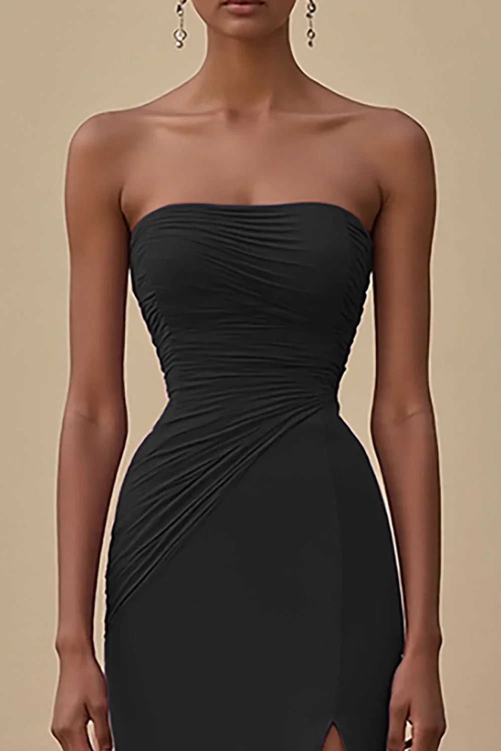 Sophisticated Graceful Stylish Elegant Black Chiffon Sheath Strapless Sleeveless Floor-Length Evening Dress