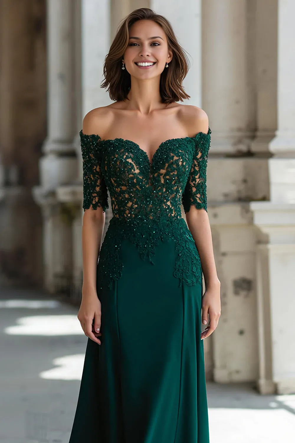 Elegant Emerald Green Lace Sheath Short Sleeve Floor-Length Mother of the Bride Dress
