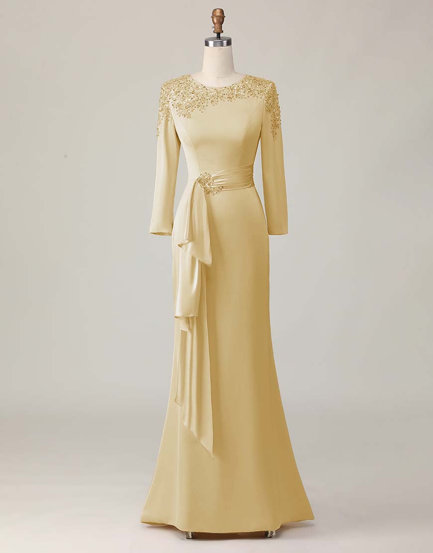 Elegant Blush Pink Sheath Scoop Neck Long Sleeve Floor-Length Mother of the Bride Dress