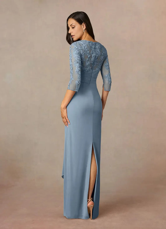 Refined Elegant Dusty Blue Chiffon Sheath Floor-Length Mother of the Bride Dress