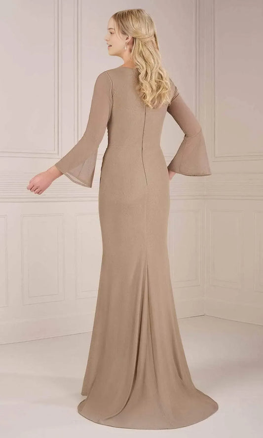 Elegant Red Slit A-Line V-Neck Classic-Sleeve Classic-Back Floor-Length Evening Dress