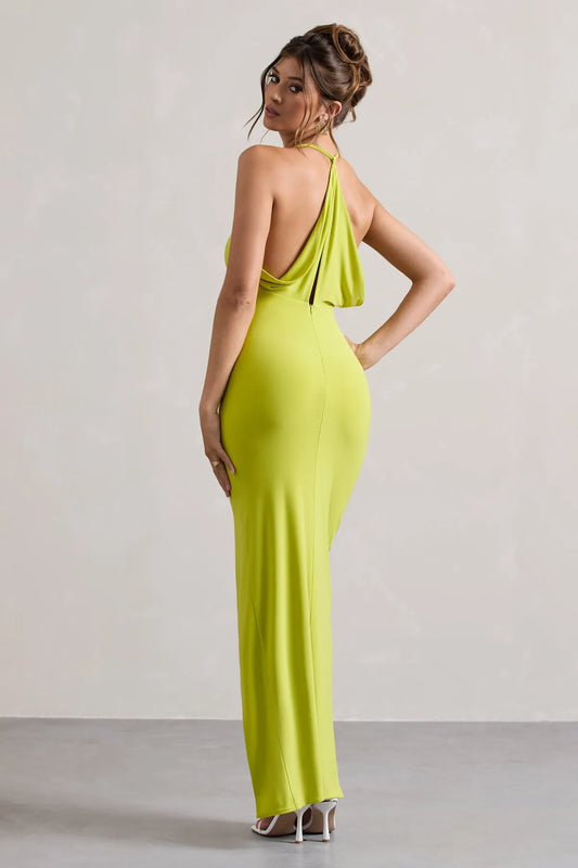 Elegant Green Slit A-Line V-Neck Classic-Sleeve Classic-Back Floor-Length Prom Dress