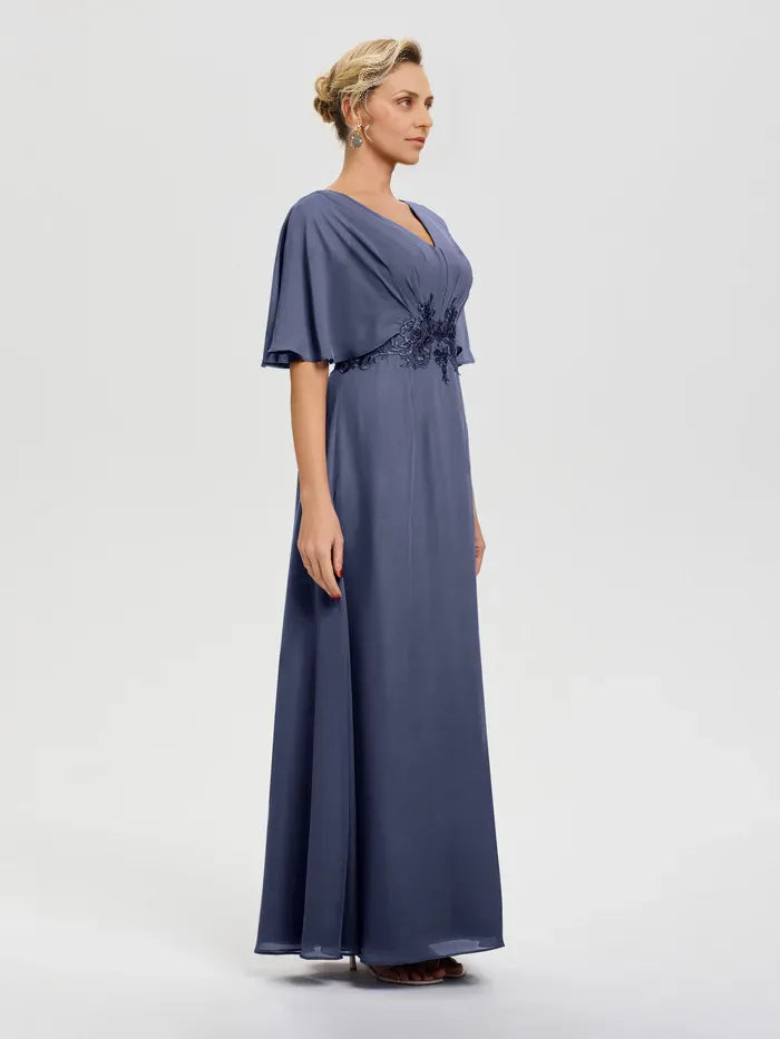 Elegant Dusty Blue Chiffon A-Line V-Neck Floor-Length Mother of the Bride Dress