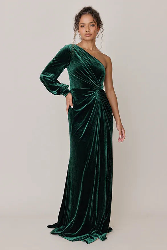 Refined Beautiful Timeless Elegant Emerald Green Velvet Asymmetric Sleeveless Floor-Length Prom Dress