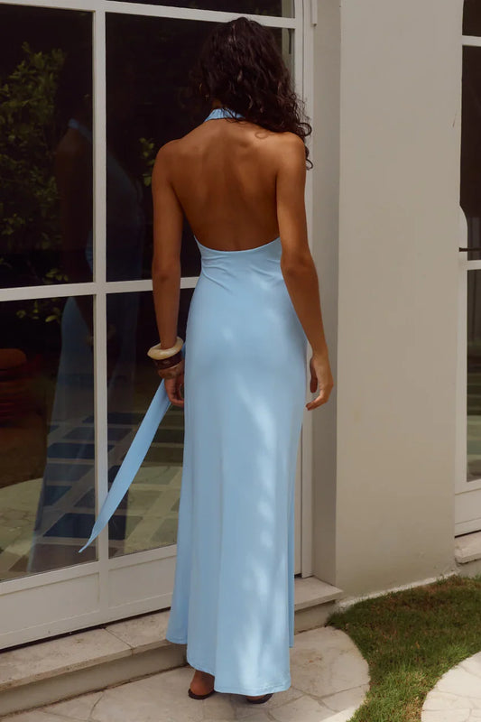 Beautiful Timeless Special Occasion Elegant Sky Blue Halter Sleeveless Floor-Length Prom Dress