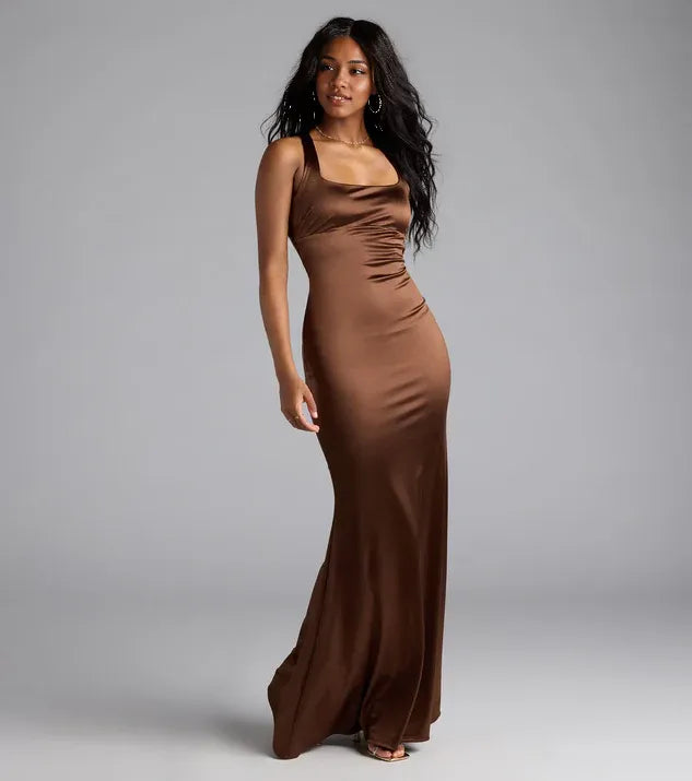 Timeless Chic Elegant Black Satin Mermaid Square Neck Sleeveless Floor-Length Prom Dress