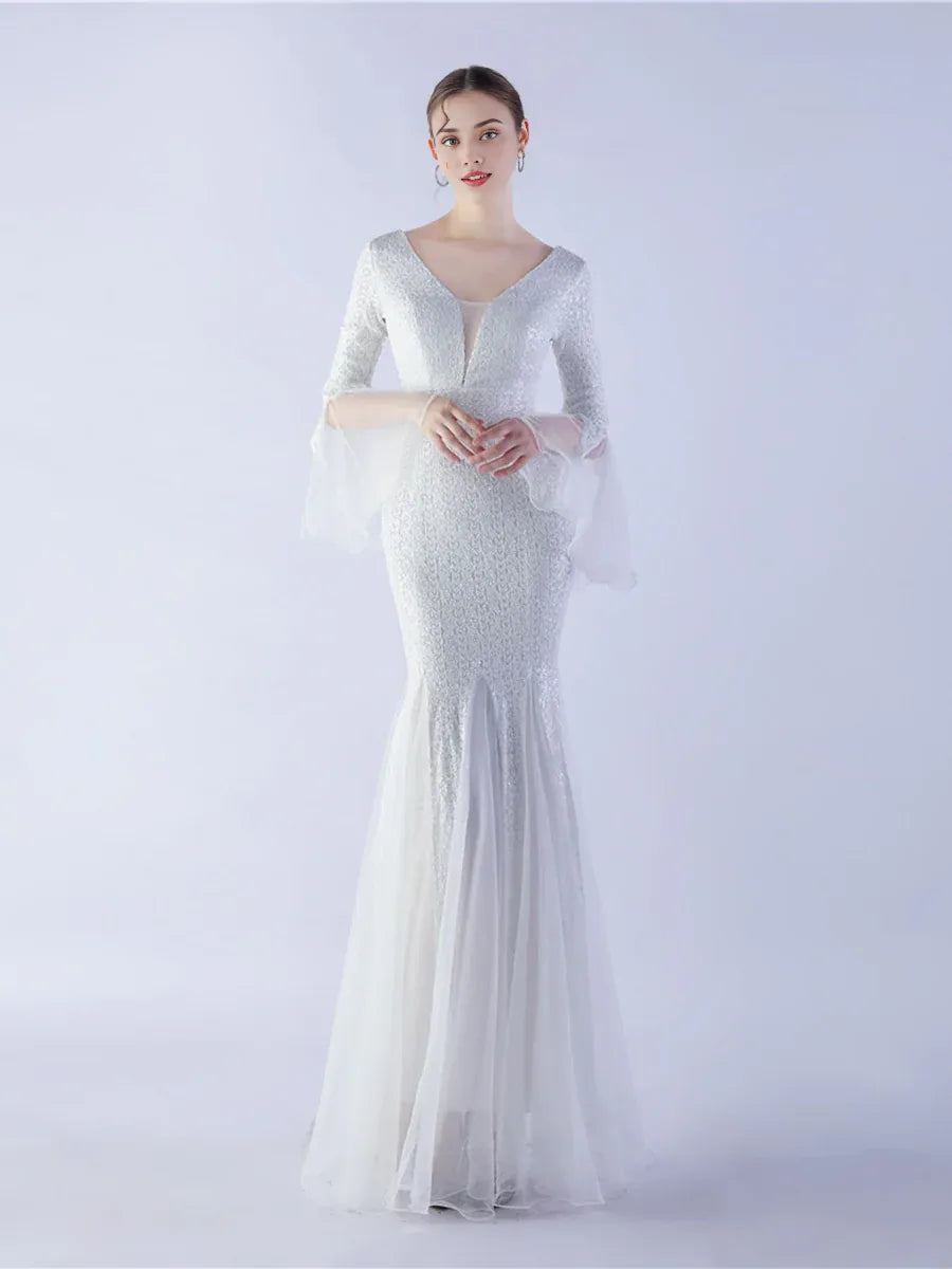 Graceful Elegant Rose Gold Sequin Mermaid V-Neck Long Sleeve Floor-Length Prom Dress