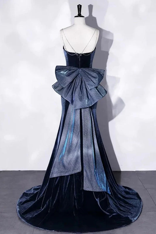 Glamorous Navy-Blue Mermaid Classic-Neck Sleeveless Classic-Back Floor-Length Prom Dress