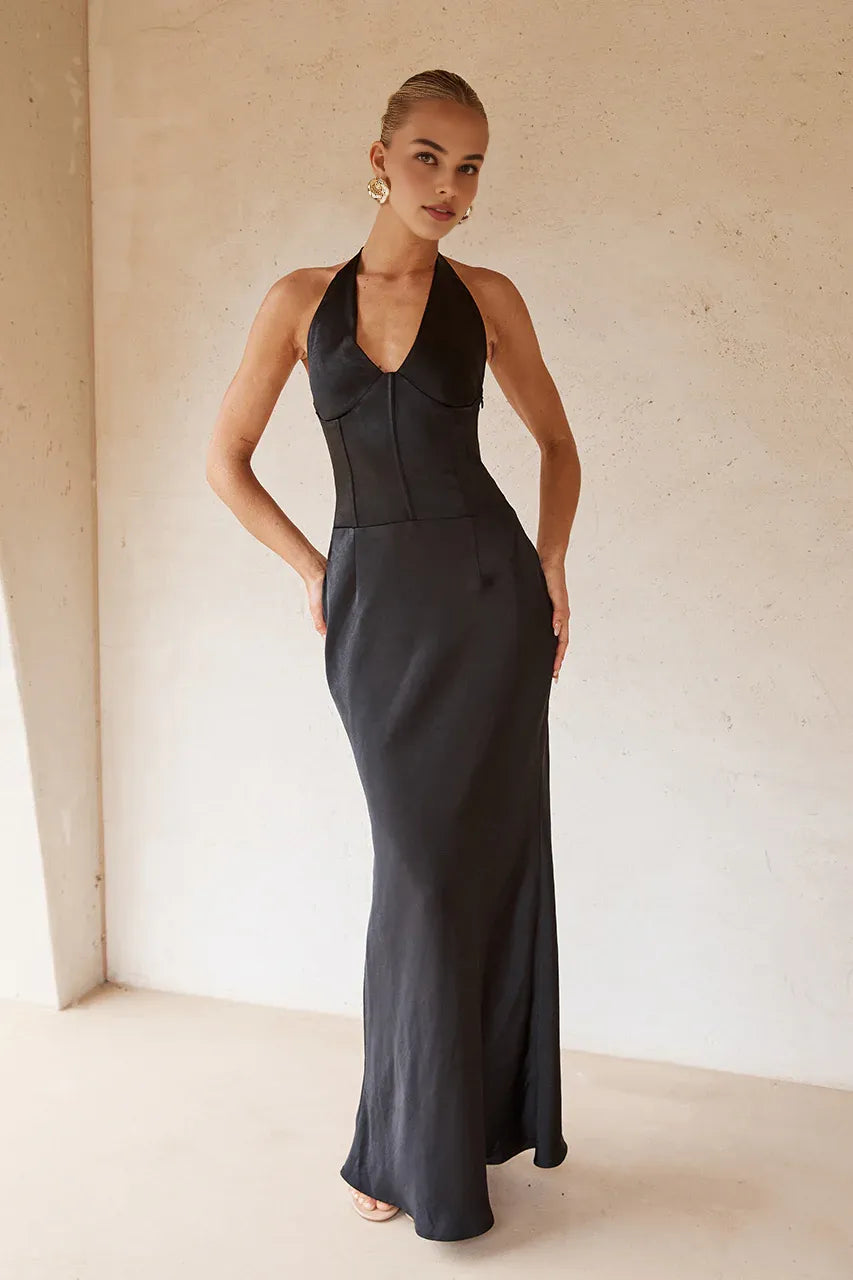Graceful Stylish Refined Beautiful Elegant Satin Sheath Halter Sleeveless Floor-Length Prom Dress