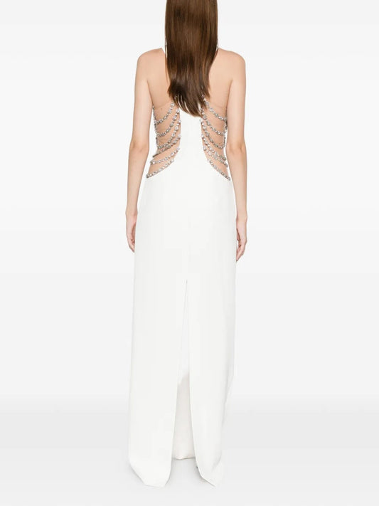 Glamorous White A-Line Halter-Neck Classic-Sleeve Classic-Back Floor-Length Evening Dress