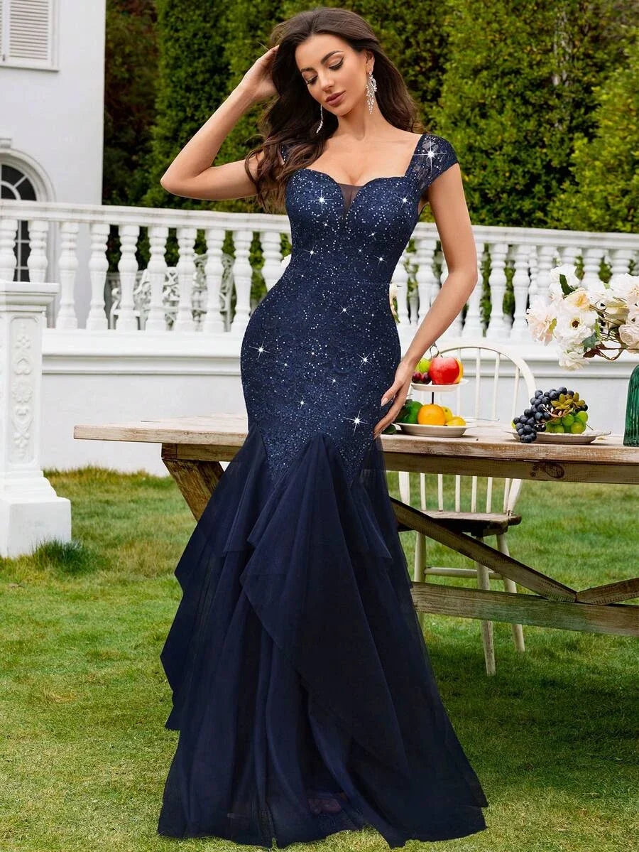 Special Occasion Sophisticated Elegant Navy Blue Lace Mermaid Sweetheart Ruffle Floor-Length Prom Dress