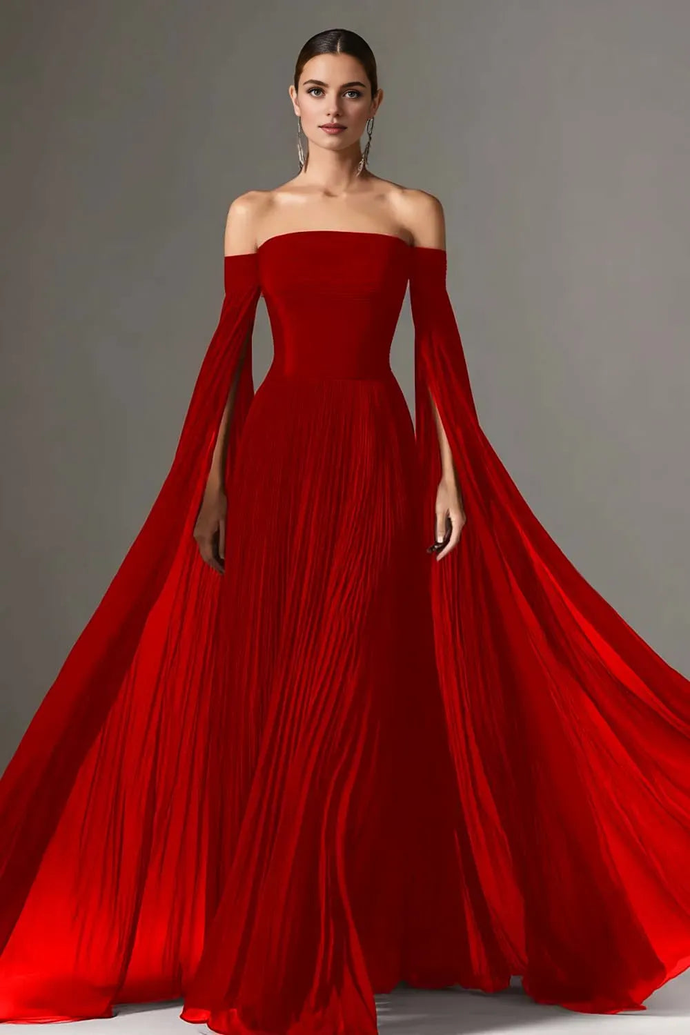 Graceful Stylish Refined Beautiful Elegant Burgundy Chiffon Long Sleeve Floor-Length Prom Dress