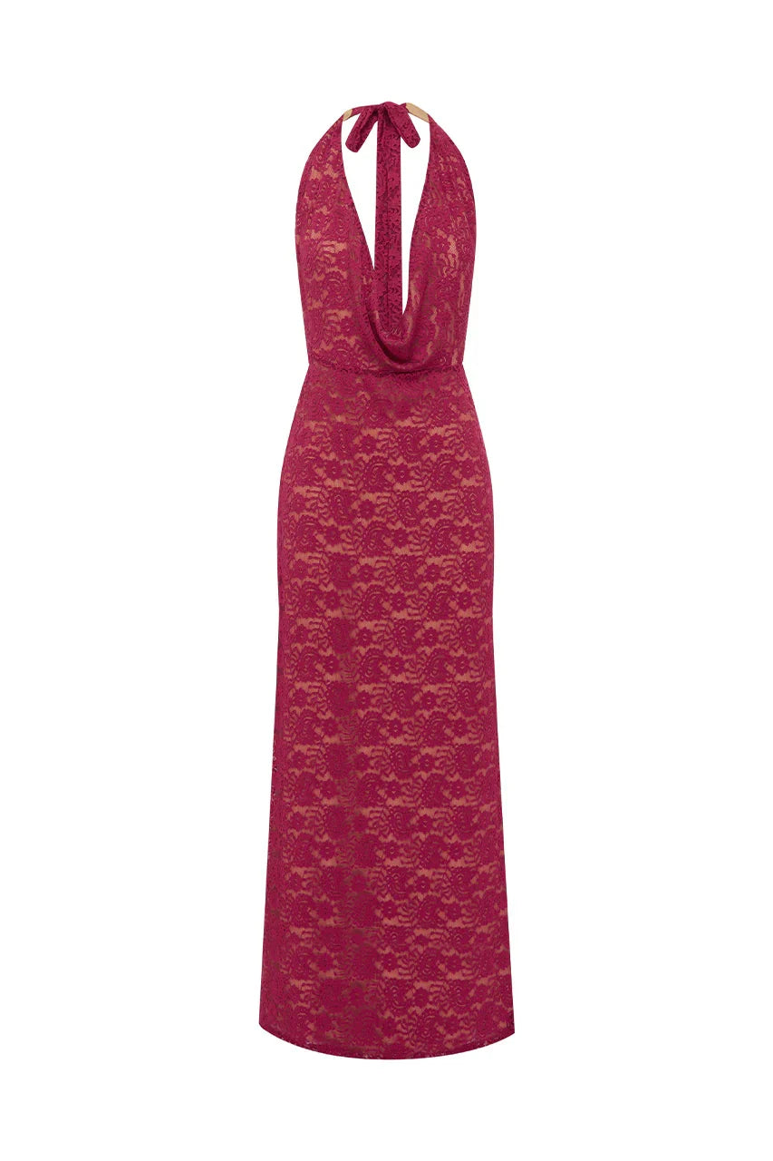 Special Occasion Sophisticated Graceful Stylish Elegant Red Lace Cowl Sleeveless Floor-Length Prom Dress