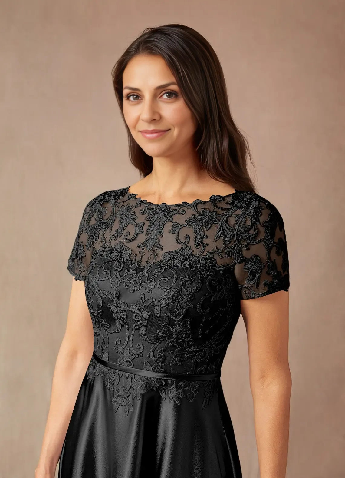 Elegant Black Satin A-Line Illusion Short Sleeve Floor-Length Mother of the Bride Dress