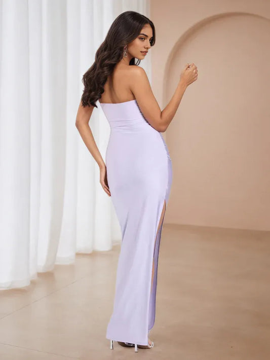 Luxurious Red Slit A-Line Strapless Classic-Sleeve Classic-Back Floor-Length Prom Dress