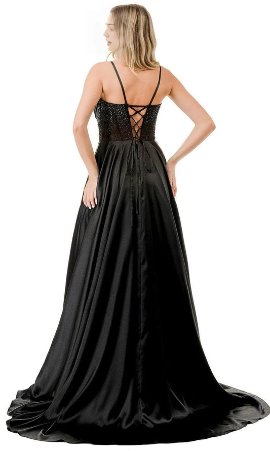 Luxurious Black Lace A-Line Classic-Neck Sleeveless Lace-Up-Back Floor-Length Evening Dress