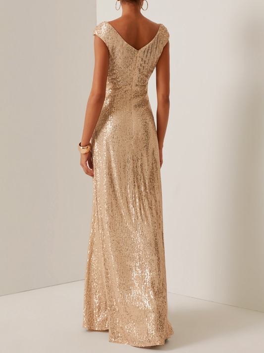 Beautiful Timeless Special Occasion Elegant Champagne Sequin A-Line Sleeveless Floor-Length Prom Dress