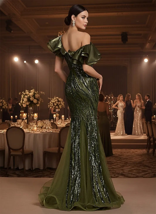 Elegant Green Ruffled Mermaid V-Neck Classic-Sleeve Classic-Back Floor-Length Evening Dress