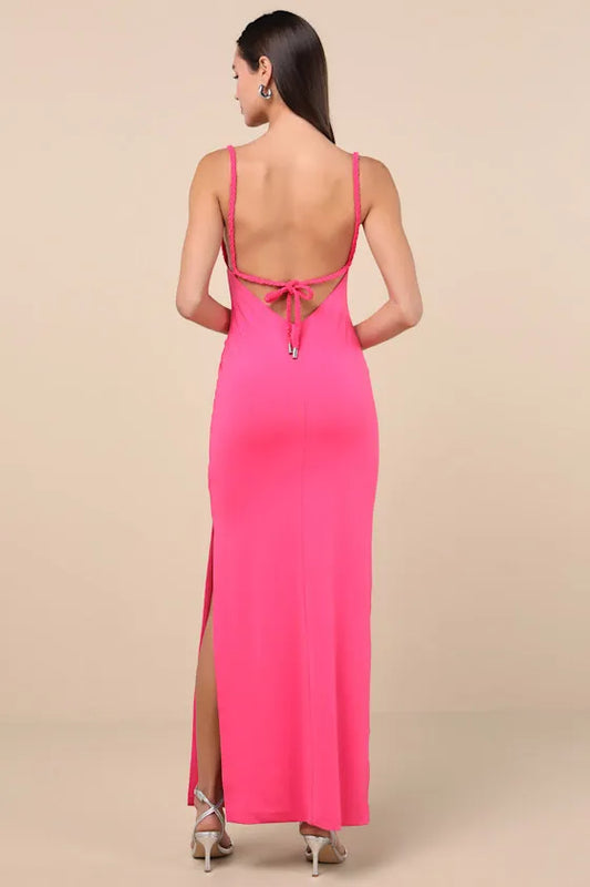 Luxurious Pink Slit A-Line Classic-Neck Sleeveless Classic-Back Mini-Length Evening Dress