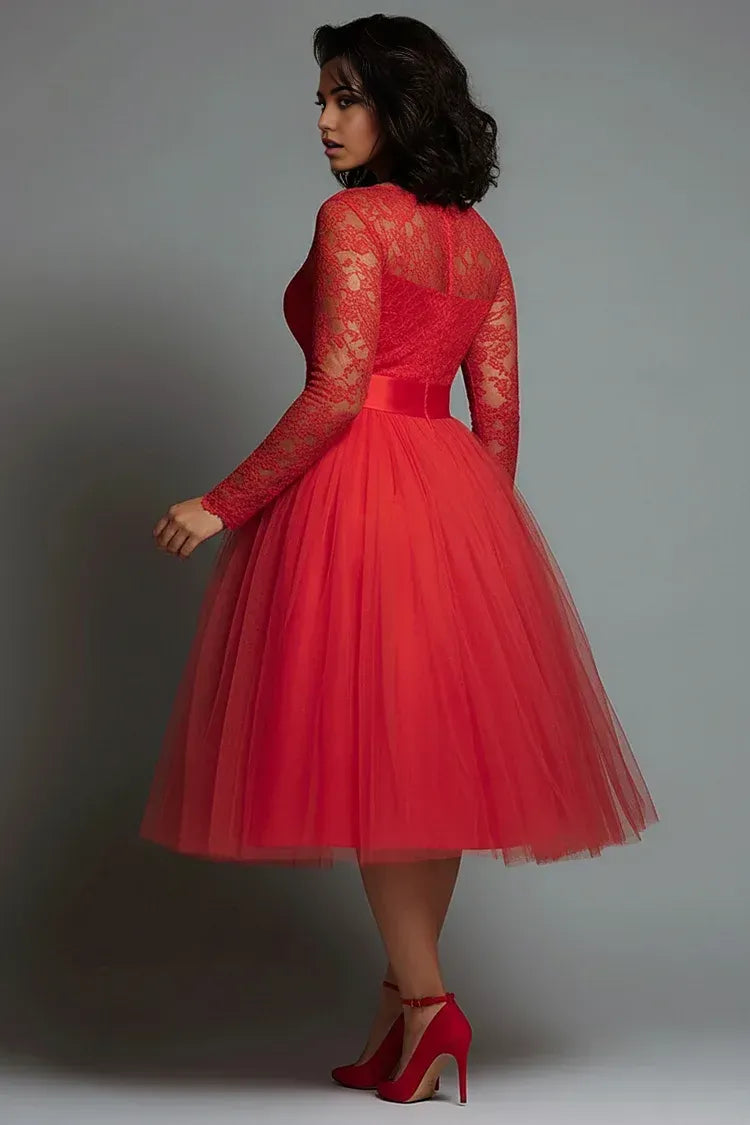 Special Occasion Sophisticated Graceful Elegant Red Tulle A-Line Long Sleeve Midi Prom Dress