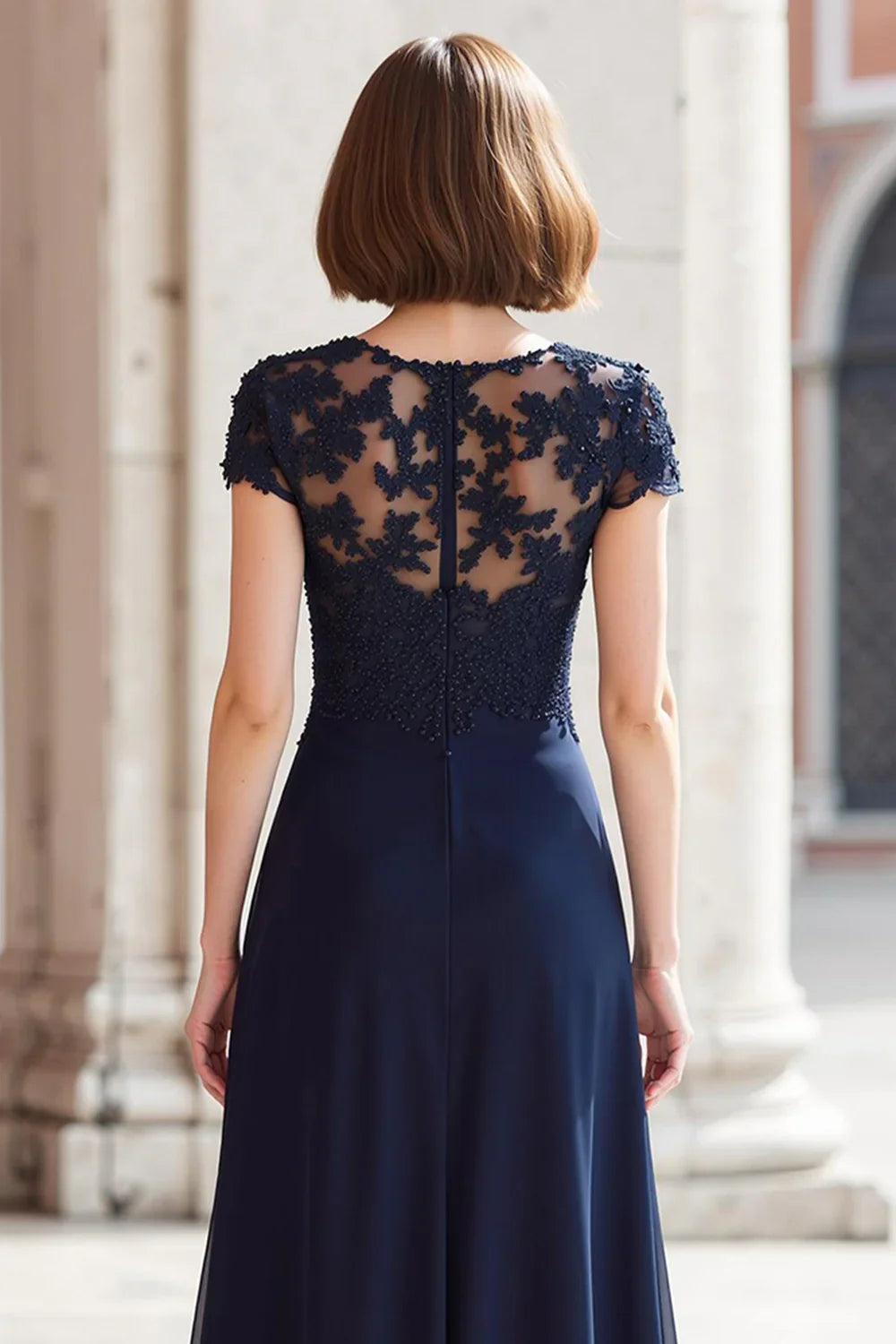 Elegant Navy Blue Chiffon A-Line Short Sleeve Floor-Length Mother of the Bride Dress