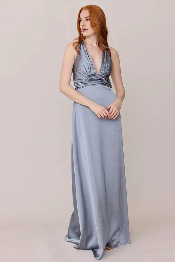 Sophisticated Graceful Stylish Elegant Dusty Blue Satin A-Line Sleeveless Floor-Length Prom Dress