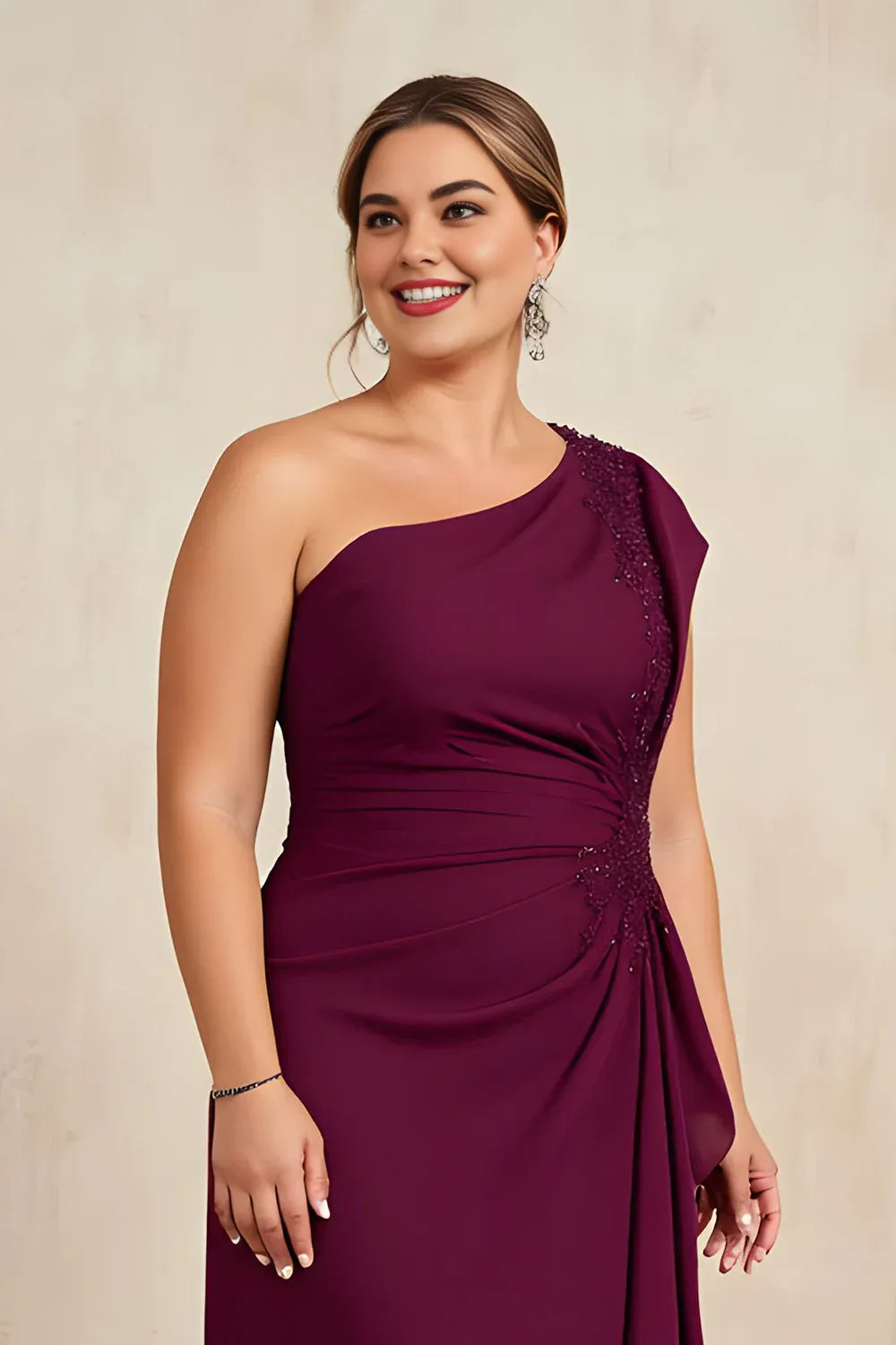Elegant Burgundy Chiffon Sheath Asymmetric Sleeveless Floor-Length Mother of the Bride Dress