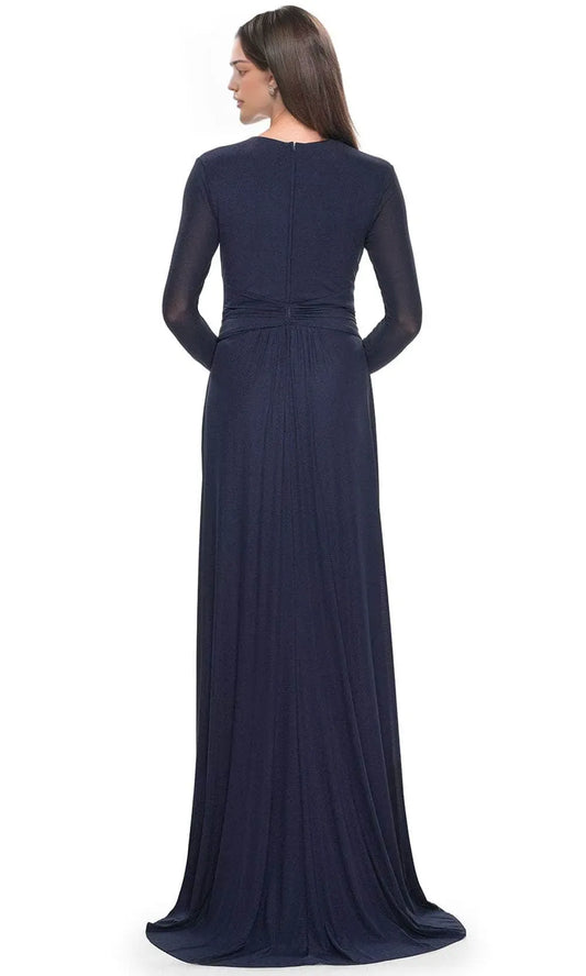 Elegant Navy-Blue A-Line V-Neck Long-Sleeve Classic-Back Floor-Length Evening Dress