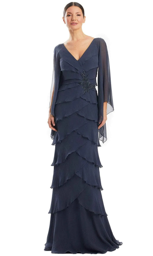 Elegant Navy-Blue Ruffled A-Line V-Neck Classic-Sleeve Classic-Back Floor-Length Mother-of-the-Bride Dress