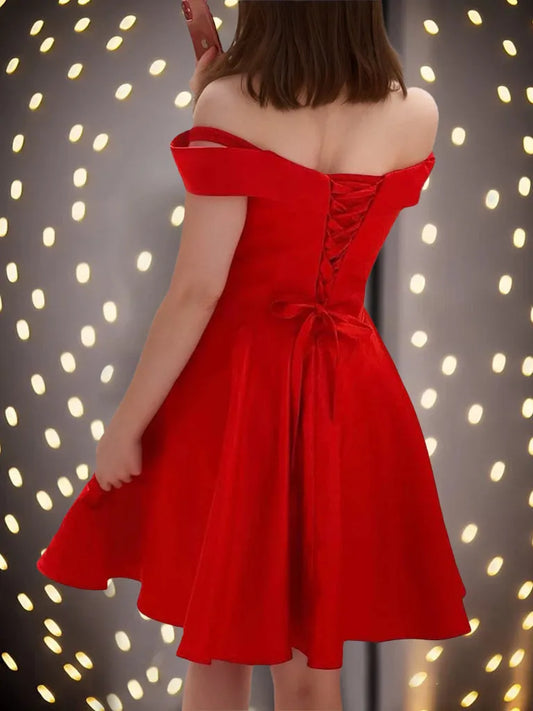 Elegant Red A-Line Off-the-Shoulder Sleeveless Classic-Back Mini-Length Homecoming Dress