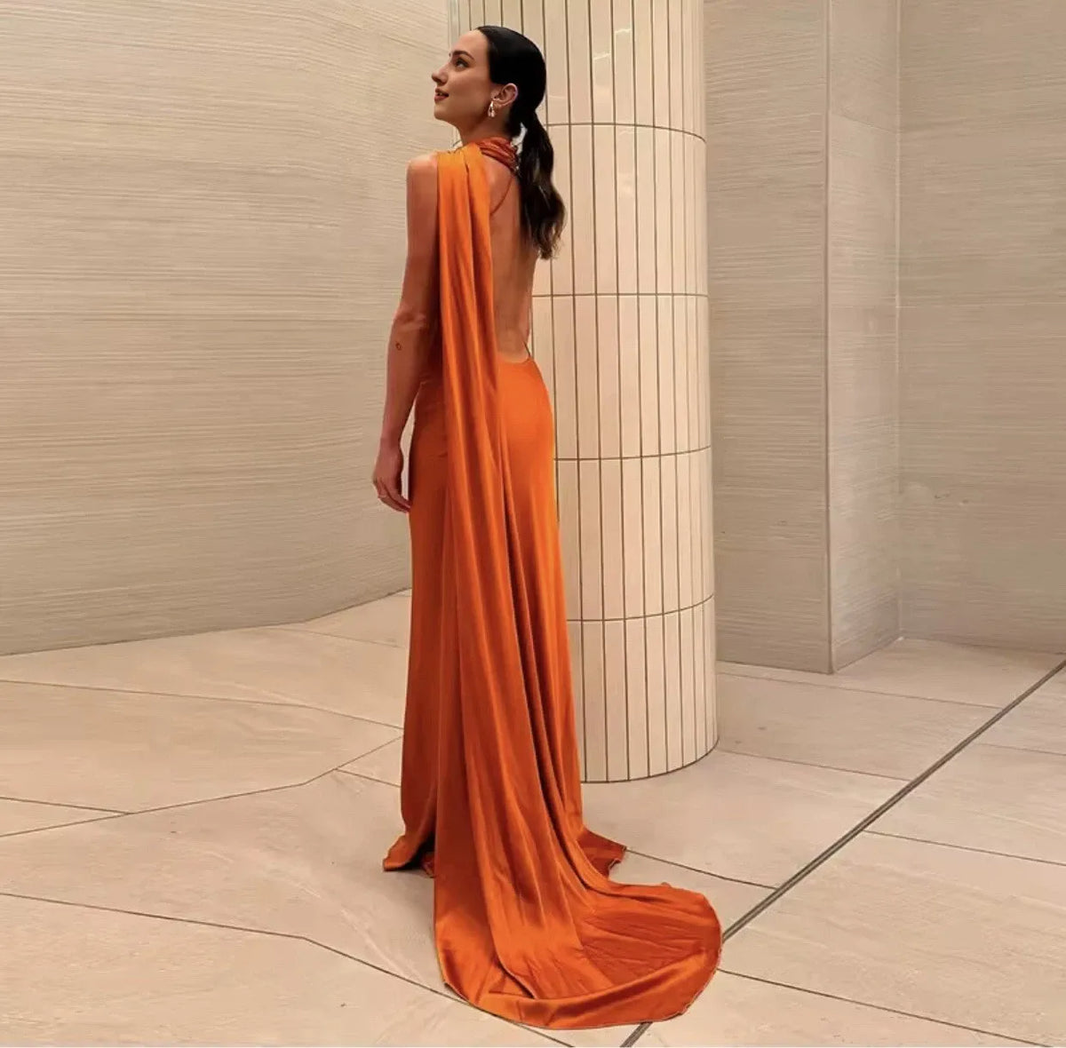 Beautiful Timeless Special Occasion Sophisticated Elegant Orange Satin Halter Long Evening Dress