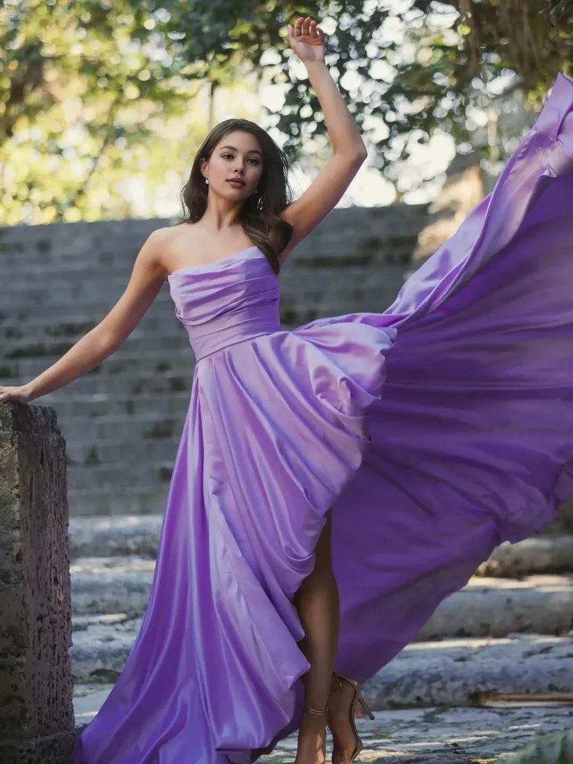 Refined Beautiful Timeless Chic Elegant Black Satin A-Line Strapless Sleeveless Prom Dress