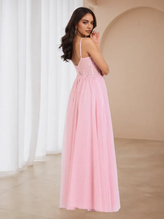 Elegant Pink Lace A-Line Classic-Neck Sleeveless Classic-Back Floor-Length Prom Dress