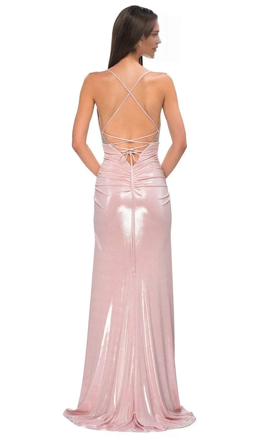 Elegant Pink Slit A-Line V-Neck Classic-Sleeve Classic-Back Floor-Length Prom Dress