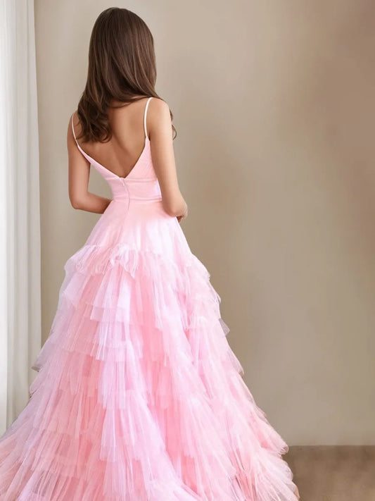 Elegant Red Ruffled A-Line Classic-Neck Sleeveless Classic-Back Floor-Length Prom Dress