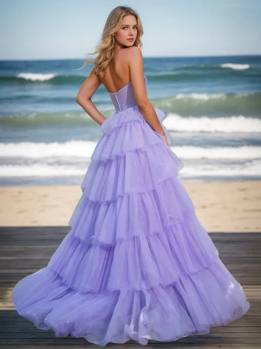 Elegant Red Ruffled A-Line Strapless Sleeveless Classic-Back Floor-Length Prom Dress