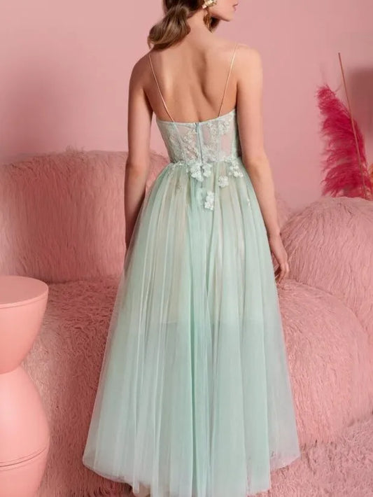 Elegant Red Applique A-Line Strapless Sleeveless Classic-Back Tea-Length Homecoming Dress