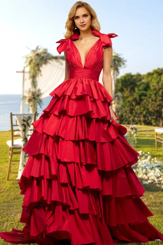 Elegant Red Ruffled A-Line V-Neck Classic-Sleeve Classic-Back Floor-Length Prom Dress