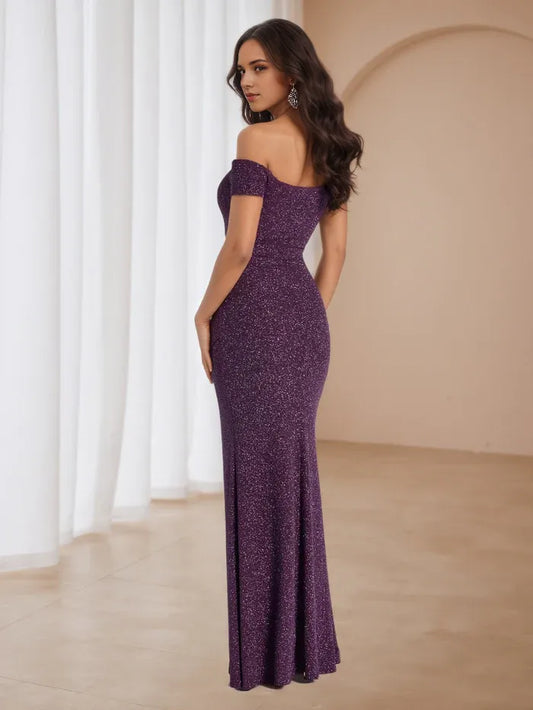 Elegant Red Slit A-Line Classic-Neck Classic-Sleeve Classic-Back Floor-Length Prom Dress