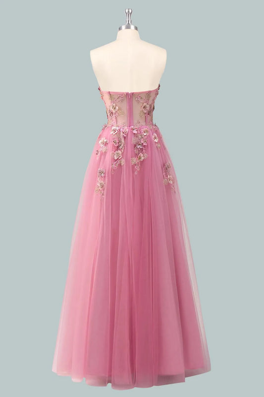 Romantic Pink Applique A-Line Sweetheart Classic-Sleeve Classic-Back Floor-Length Prom Dress