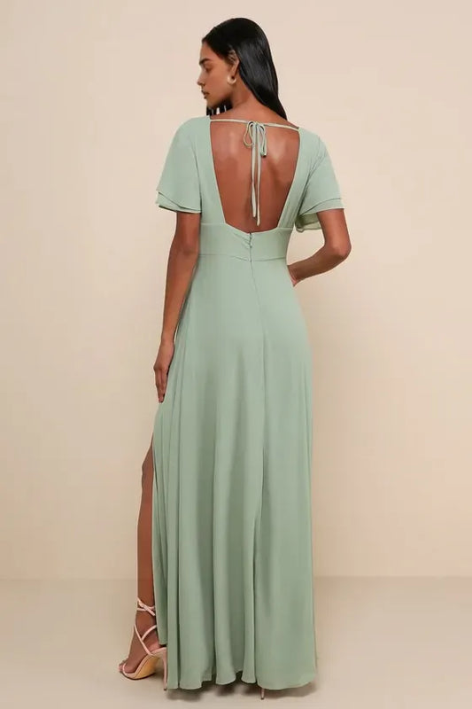 Romantic Green Slit A-Line V-Neck Classic-Sleeve Classic-Back Floor-Length Evening Dress