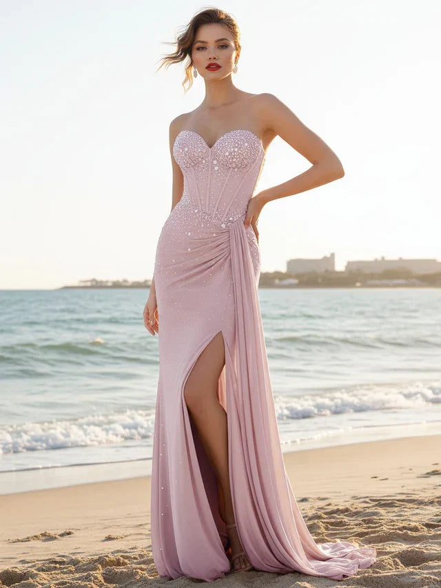 Romantic Pink Lace Mermaid Sweetheart Classic-Sleeve Lace-Up-Back Floor-Length Prom Dress