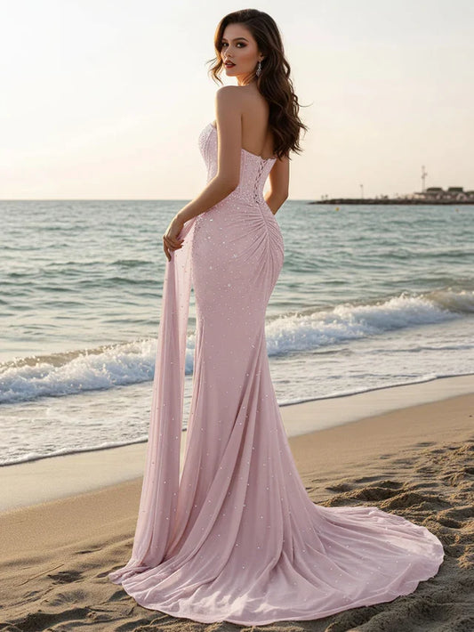 Romantic Pink Lace Mermaid Sweetheart Classic-Sleeve Lace-Up-Back Floor-Length Prom Dress
