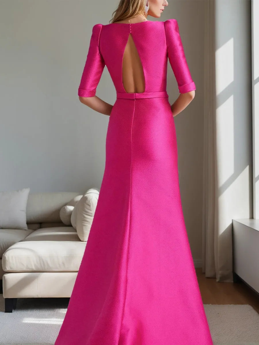 Elegant Red A-Line Scoop-Neck Half-Sleeve Classic-Back Floor-Length Mother-of-the-Bride Dress
